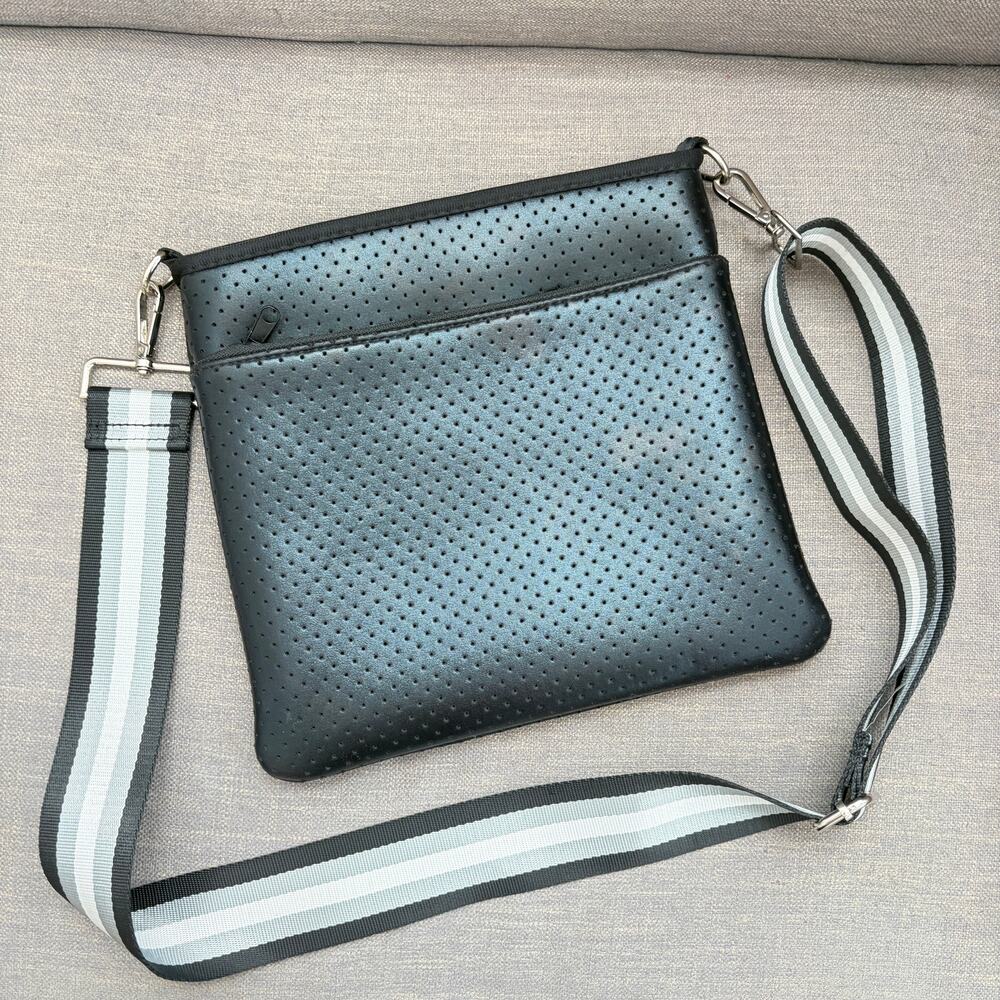 Ahdorned Black Large Pouch Crossbody With Black, White, Gray Woven Strap